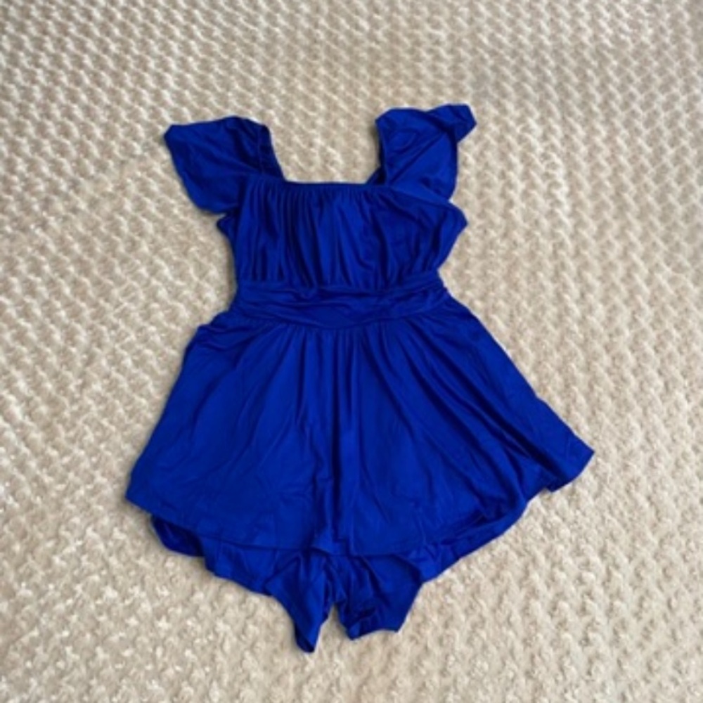 New Women 2XL Rompers Short Sleeve Ruffle Layer Square Neck, back Ribbon Tie - Picture 2 of 9
